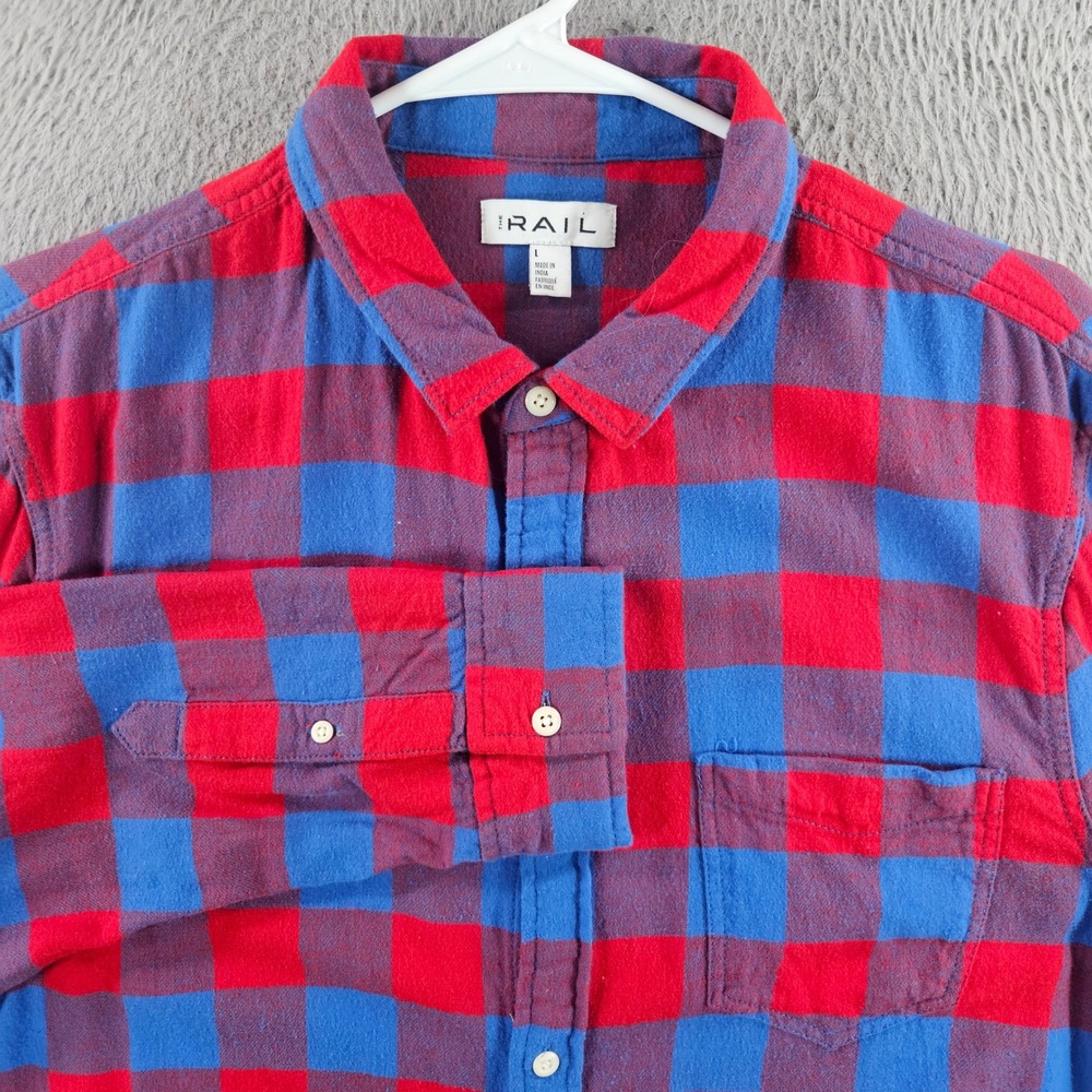 The Rail Mens Flannel Shirt Large Red Blue Purple Buffalo Plaid Cotton Button Up